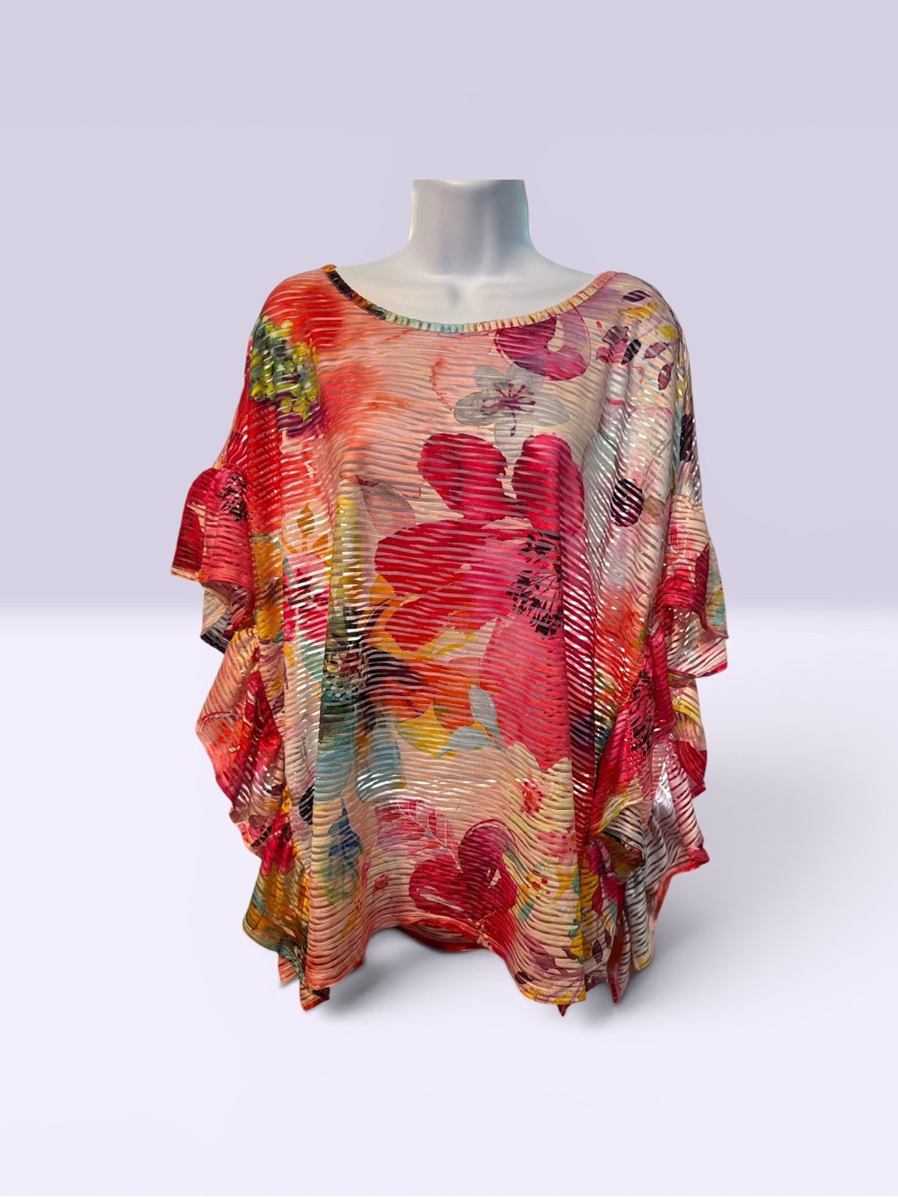 Vibrant Floral Pleated Poncho Top - Coral & Multi. #0011
